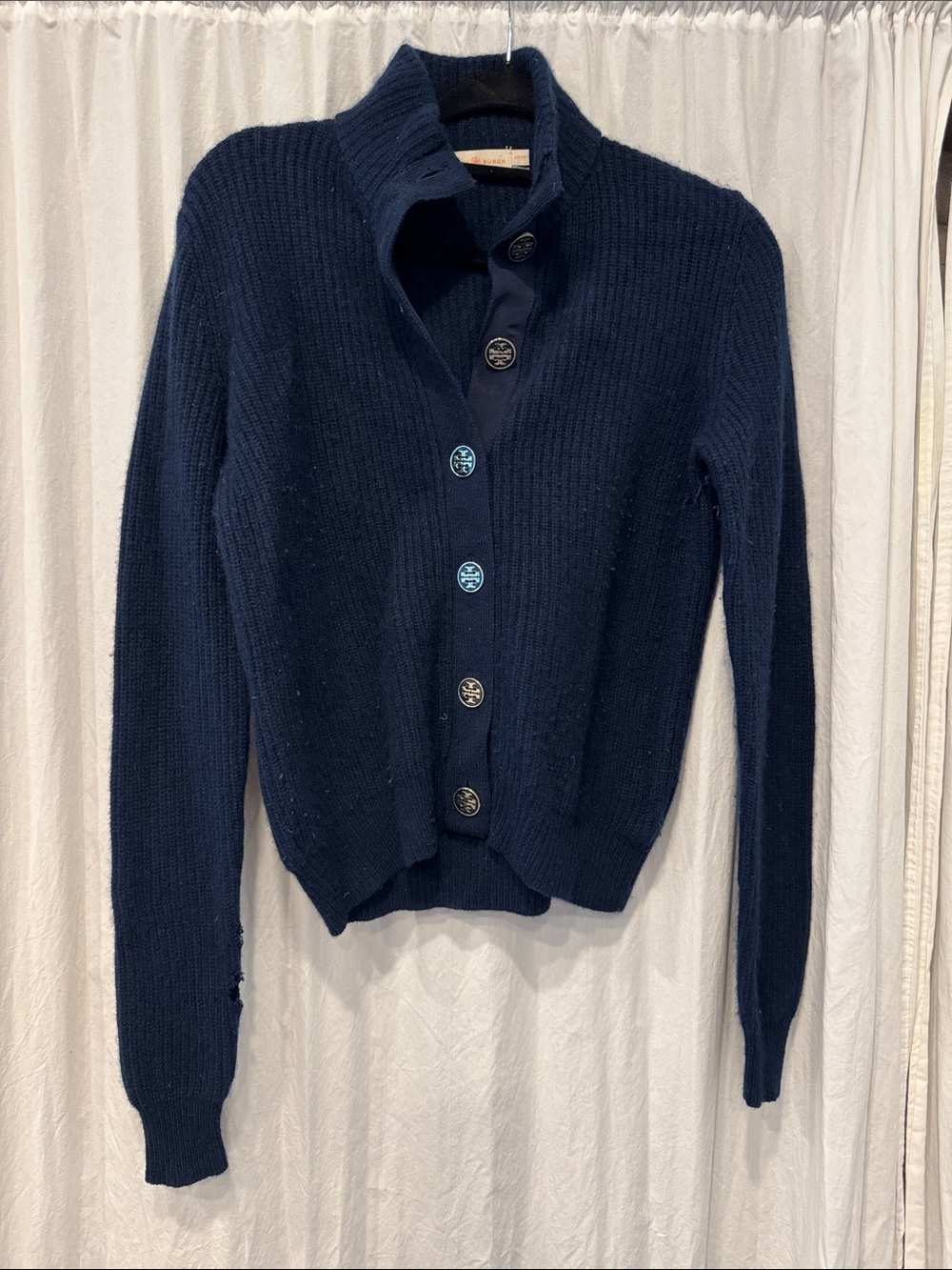 Tory Burch Navy Ribbed Button-Up Women's cashmere Sweater